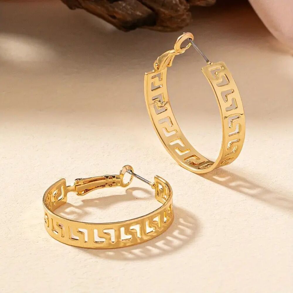 Greek Key Style Hoop Earrings - Gold Plated, 1-Inch Hoops